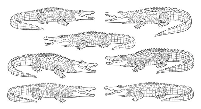 Collection of artistic alligator illustrations showcasing various poses and details in a line art style.