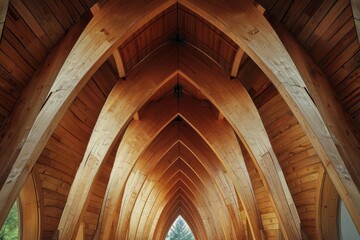 Intricate wooden beams forming a mesmerizing tunnel effect in a modern architectural marvel