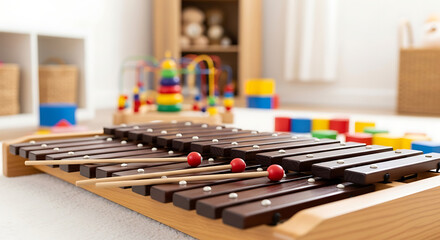 Naklejka premium A xylophone with mallets in a playroom filled with colorful toys and wooden furniture in the background