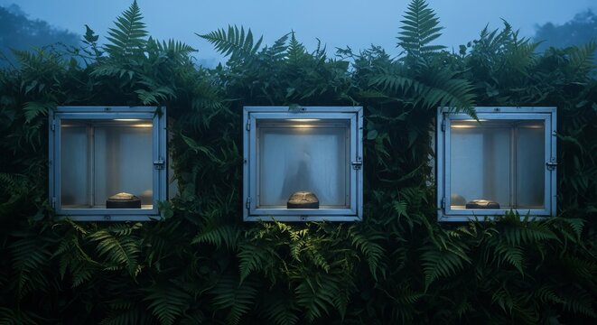 Three illuminated glass lanterns in a misty forest at dusk