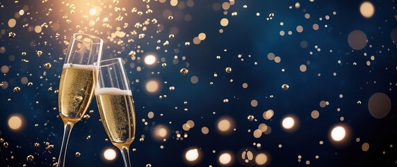 Champagne glasses clink, golden bubbles and glitter fly. Festive, elegant atmosphere with warm lights on dark blue—perfect for banner of New Year’s, celebrations.