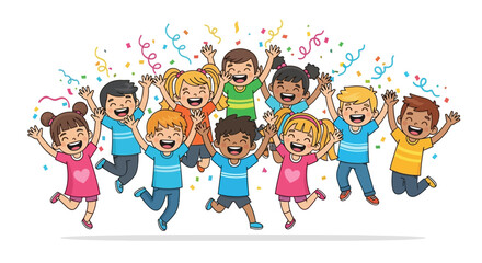 Jumping for Joy A Group of Happy Children Celebrating Together with Confetti and Streamers