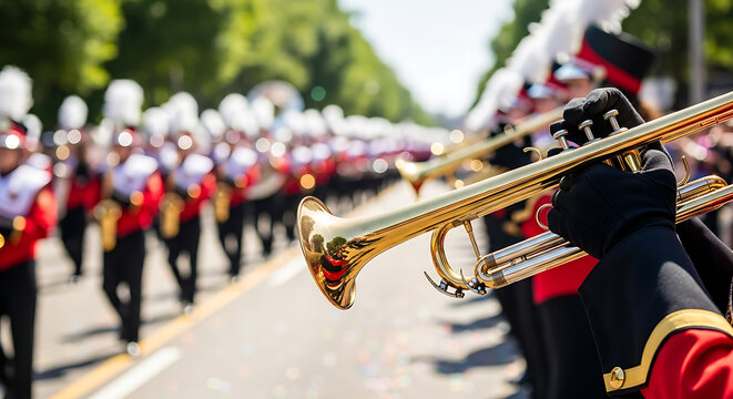 Close up of a golden trumpet being played in a marching band during a parade on a sunny day outdoors