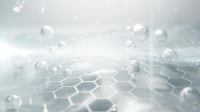 Serum bubbles float over soft hexagonal grid. Perfect skincare background with molecular hydration and luxury cosmetic vibes.