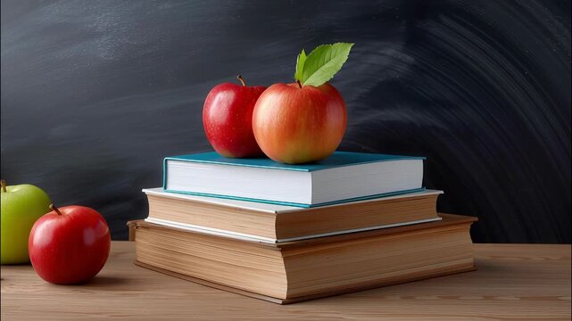 Classroom essentials arranged neatly back to school, colorful pencils, academic books, ripe apples sitting on wooden desk teacher near empty chalkboard video 4k