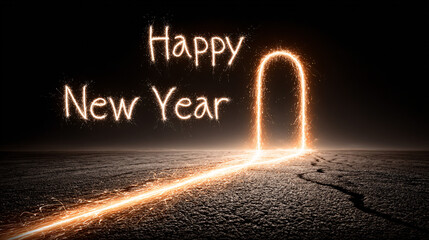 a glowing doorway opening into darkness, "Happy New Year" written in sparkling light trails above it, symbolizing stepping into a fresh beginning.