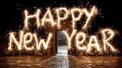 a glowing doorway opening into darkness, "Happy New Year" written in sparkling light trails above it, symbolizing stepping into a fresh beginning.