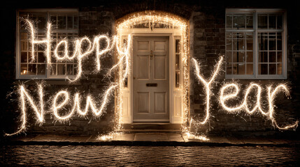 a glowing doorway opening into darkness, "Happy New Year" written in sparkling light trails above it, symbolizing stepping into a fresh beginning.