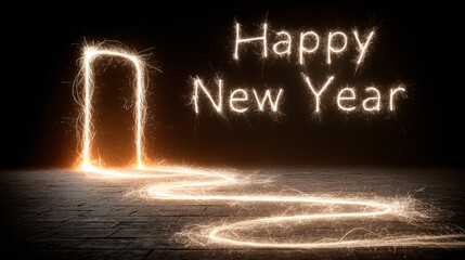 a glowing doorway opening into darkness, "Happy New Year" written in sparkling light trails above it, symbolizing stepping into a fresh beginning.