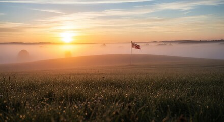 Stunning sunrise over misty golf course, golden light bathes flag and dewy grass in peaceful morning