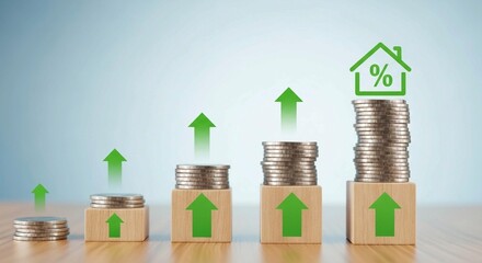 Financial growth and real estate investment concept — rising stacks of coins with wooden blocks, green arrows, and house icon on light blue background