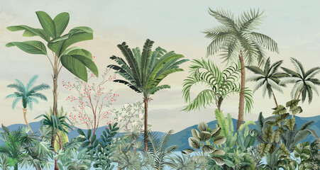 Garden Illustration, Tropical Garden Mural Wallpaper, Tropical Tree, Wallpaper. © Sharif