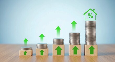 Financial growth and real estate investment concept — rising stacks of coins with wooden blocks, green arrows, and house icon on light blue background