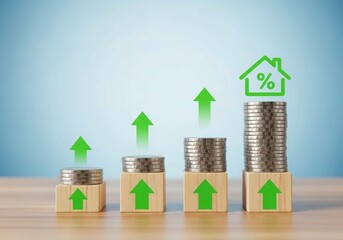 Financial growth and real estate investment concept — rising stacks of coins with wooden blocks, green arrows, and house icon on light blue background