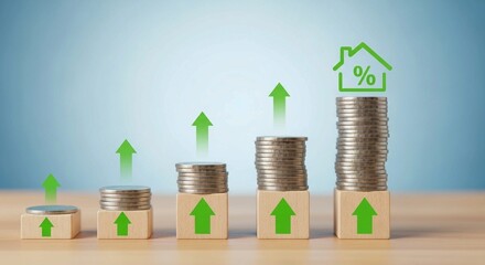 Financial growth and real estate investment concept — rising stacks of coins with wooden blocks, green arrows, and house icon on light blue background
