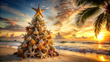 Photo of unique christmas tree decorated with seashells and starfish on a tropical beach at sunset, blending holiday spirit with a warm, exotic vacation vibe