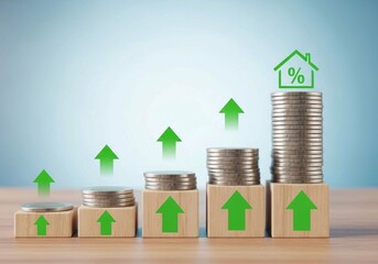 Financial growth and real estate investment concept — rising stacks of coins with wooden blocks, green arrows, and house icon on light blue background