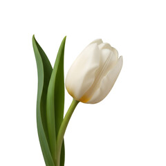 Elegant White Tulip with Green Leaves on Black Background