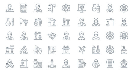 Scientists and lab equipment icons representing scientific research, innovation, and discovery in a modern, clean style perfect for educational and tech projects
