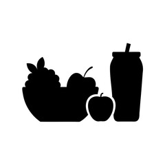 Black and white representation of fruit bowl, apples, and a smoothie drink