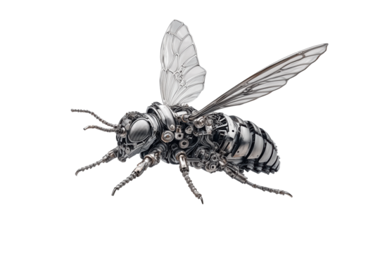 Metallic robotic bee with intricate design isolated on transparent background