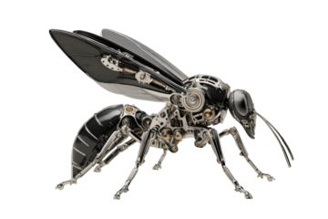 Mechanical bee with intricate details and metallic finish on transparent background