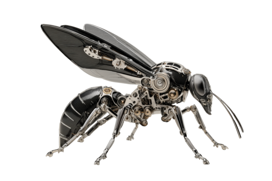 Mechanical bee with intricate details and metallic finish on transparent background