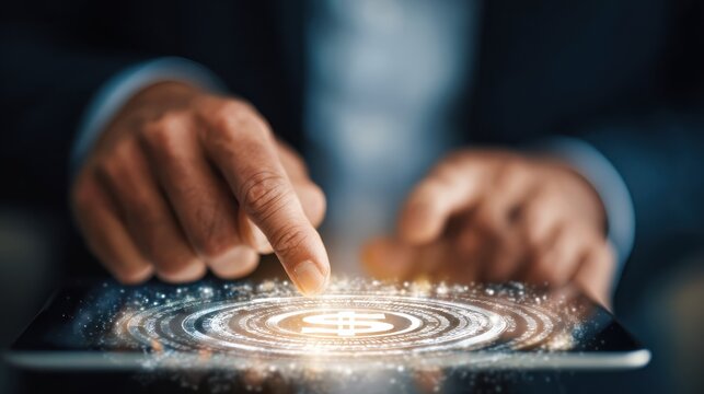 close up and side view of businessman hands using and pointing at tablet or smartphone with creative glowing round dollar chart hologram on blurry background  no logos no brands ar 169