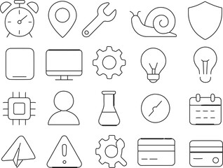 Line art collection of various icons representing diverse concepts and functionalities. The set includes an alarm clock, map pin, wrench, snail, shield, tablet, computer monitor, gear, light bulb.