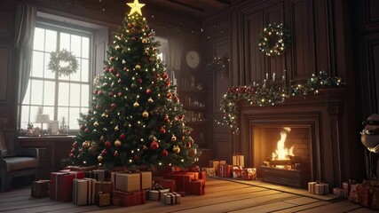 Cozy indoor holiday featuring a decorated Christmas tree with red and gold ornaments, lights, and garlands, placed next to a roaring stone fireplace - Powered by Adobe