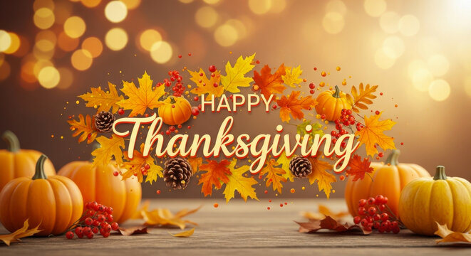 Happy thanksgiving text with pumpkins, autumn leaves, and bokeh lights in a warm, soft focus background - Powered by Adobe