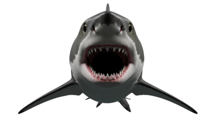 Great white shark front angle view isolated, open mouth showing teeth, cinematic lighting, photo-realistic 8k.