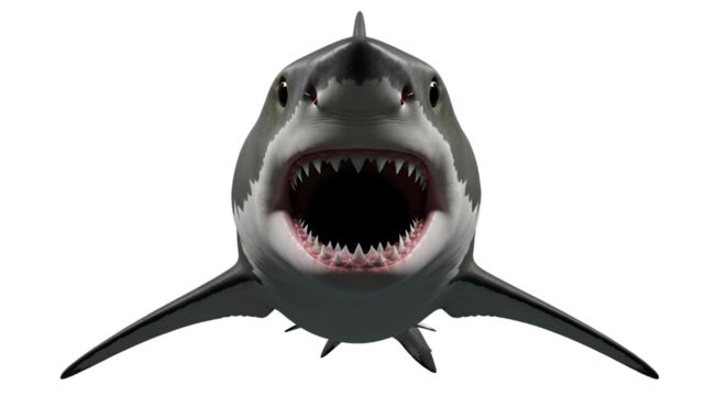 Great white shark front angle view isolated, open mouth showing teeth, cinematic lighting, photo-realistic 8k.