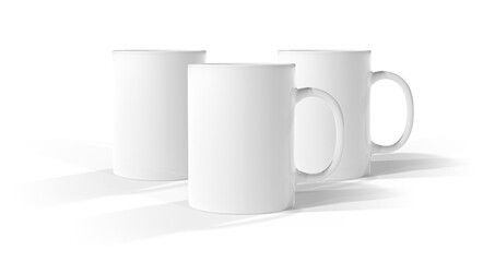 Three isolated white blank mug on transparent background. 3D rendering