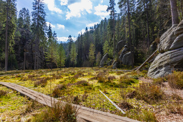 A long wooden footbridge over a marshy meadow. Reserve Adrspach-Teplice Rocks. Gothic gate. Bohemia region, Czech Republic