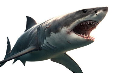 Naklejka premium Great white shark front angle view isolated, open mouth showing teeth, cinematic lighting, photo-realistic 8k.