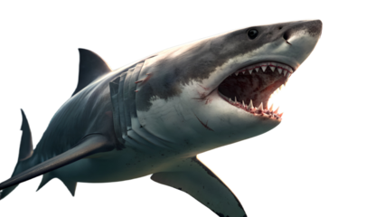 Great white shark front angle view isolated, open mouth showing teeth, cinematic lighting, photo-realistic 8k.