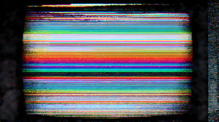 A retro television screen displaying a colorful static noise, signifying a technical malfunction. The picture is distorted with horizontal lines of color 