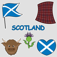 Illustration of Scottish symbols with the flag