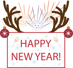 Happy New Year greeting card with deer antlers and fireworks.