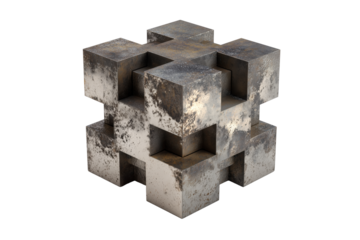 3D metallic abstract structure with geometric shapes cut out isolated on transparent background