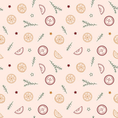 Simple seamless pattern with hand-drawn vector doodle illustrations of oranges, apples, fir branches and stars on light background.