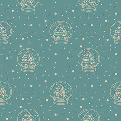 Whimsical winter seamless pattern with hand drawn vector doodle illustrations of snow globes on blue background.