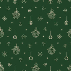 Christmas seamless pattern with whimsical doodle decorative balls and snowflakes. Hand drawn vector holiday illustrations on dark green background.