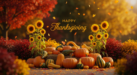 Happy thanksgiving scene with pumpkins, sunflowers, and autumn foliage