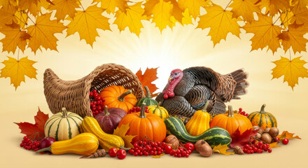 Cornucopia overflowing with thanksgiving harvest bounty and a turkey