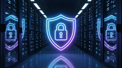 Cybersecurity in Server Room with Neon Shield and Padlock. - Powered by Adobe