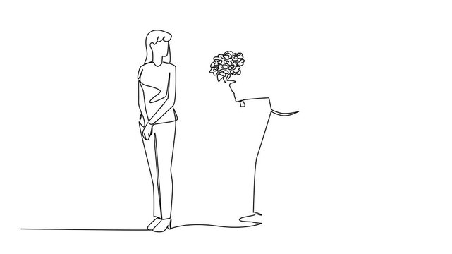 Animation of single continuous line drawing man carries bouquet of flowers and wants to give it to a woman. The dream. Love. Bring Flowers To Someone Day. One self drawing animated. Full length motion