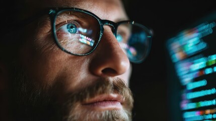 focused developer coder wears glasses working on computer looking at programming code data cyber security digital tech reflecting in spectacles developing software program focus on eye close up view 