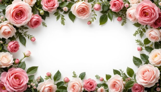 A beautiful frame of pink roses and green leaves isolated on white background creates a soft and romantic floral design, perfect for adding elegance